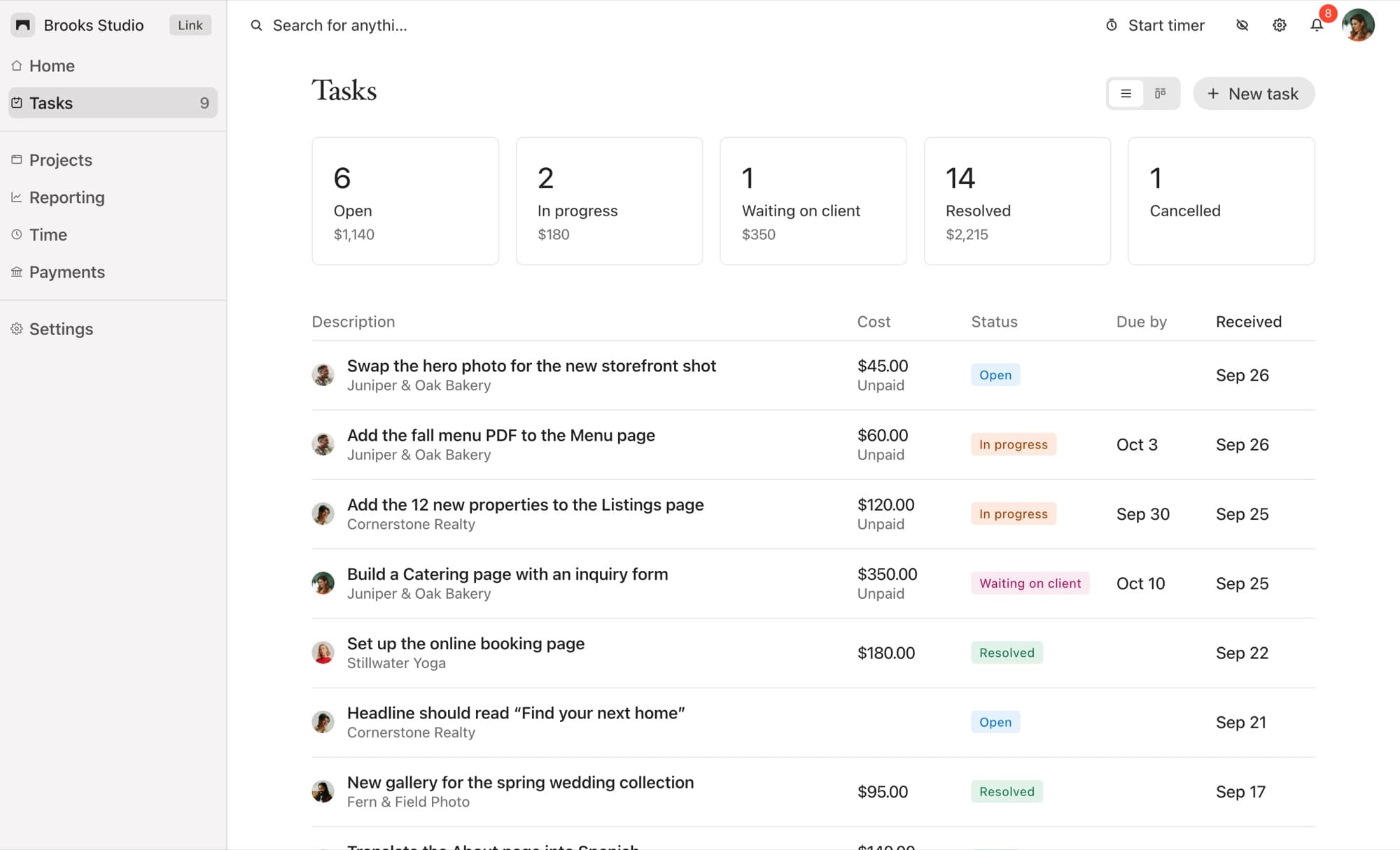 Web designer's task list in the Bridge dashboard, showing client revision requests from several Squarespace sites with status, cost and due dates
