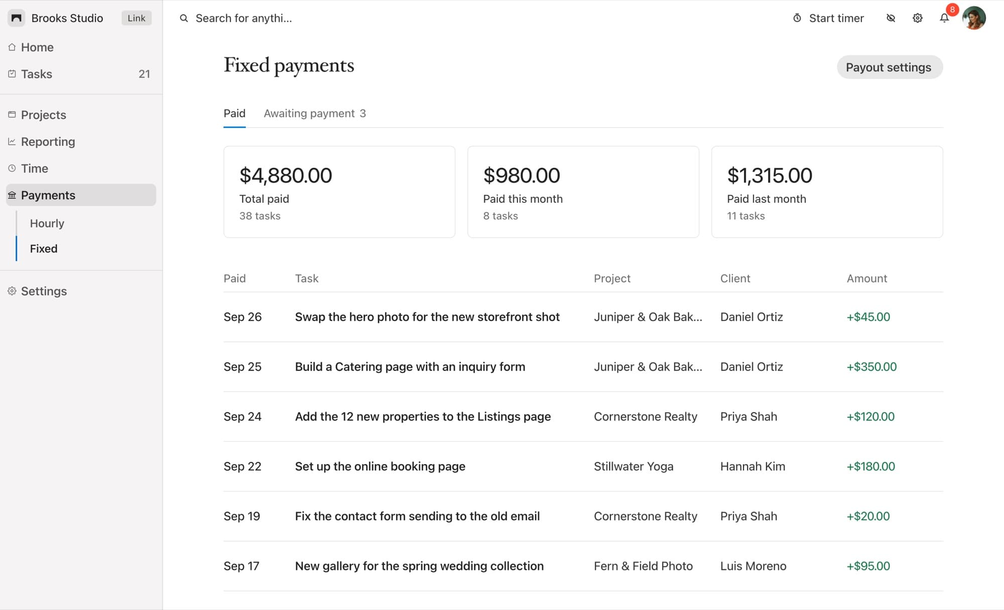 Web designer payments dashboard in Bridge, listing paid website change requests by project and client with monthly totals