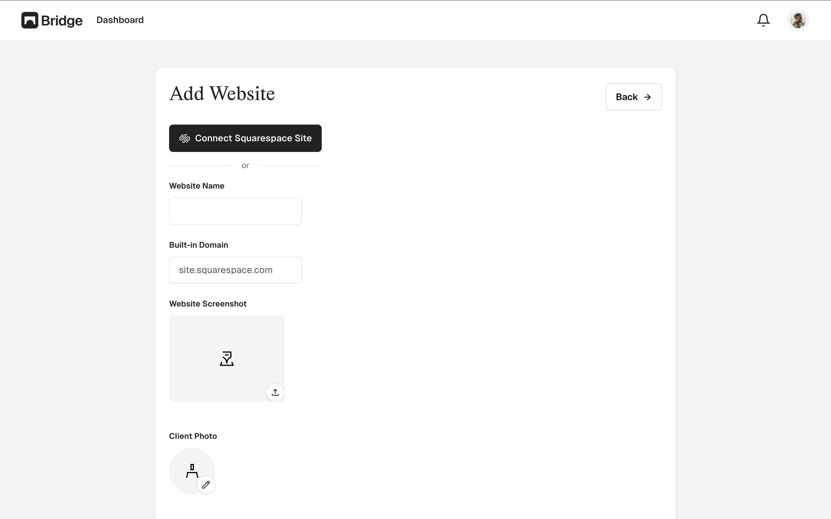 Bridge dashboard showing the Add Website page with options to connect with Squarespace or manually add website details