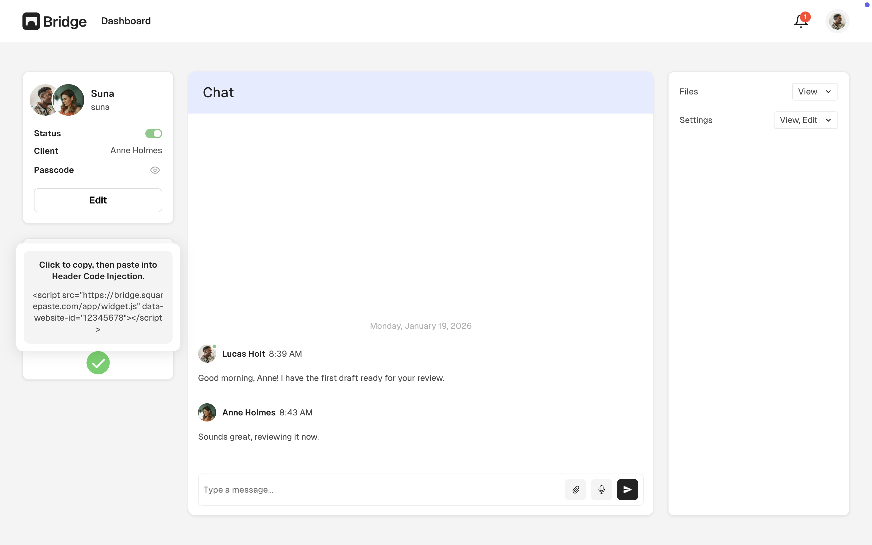 Bridge dashboard showing Bridge Code hover state with widget code visible