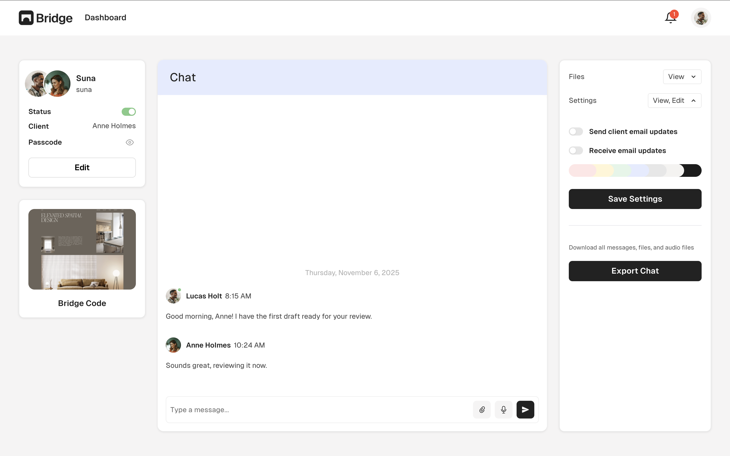 Bridge dashboard showing website page with Settings dropdown