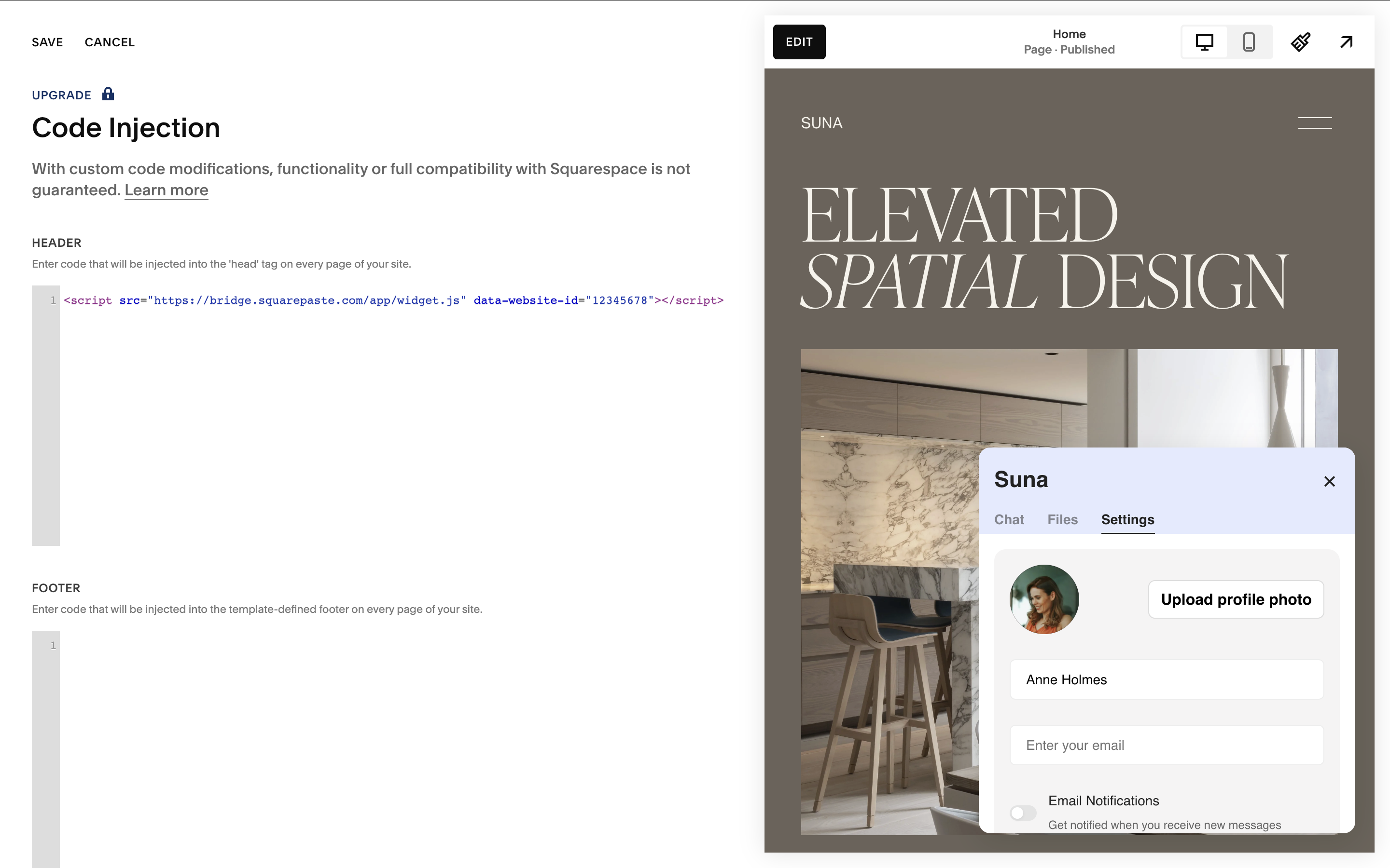 Squarespace Code Injection settings showing Header section