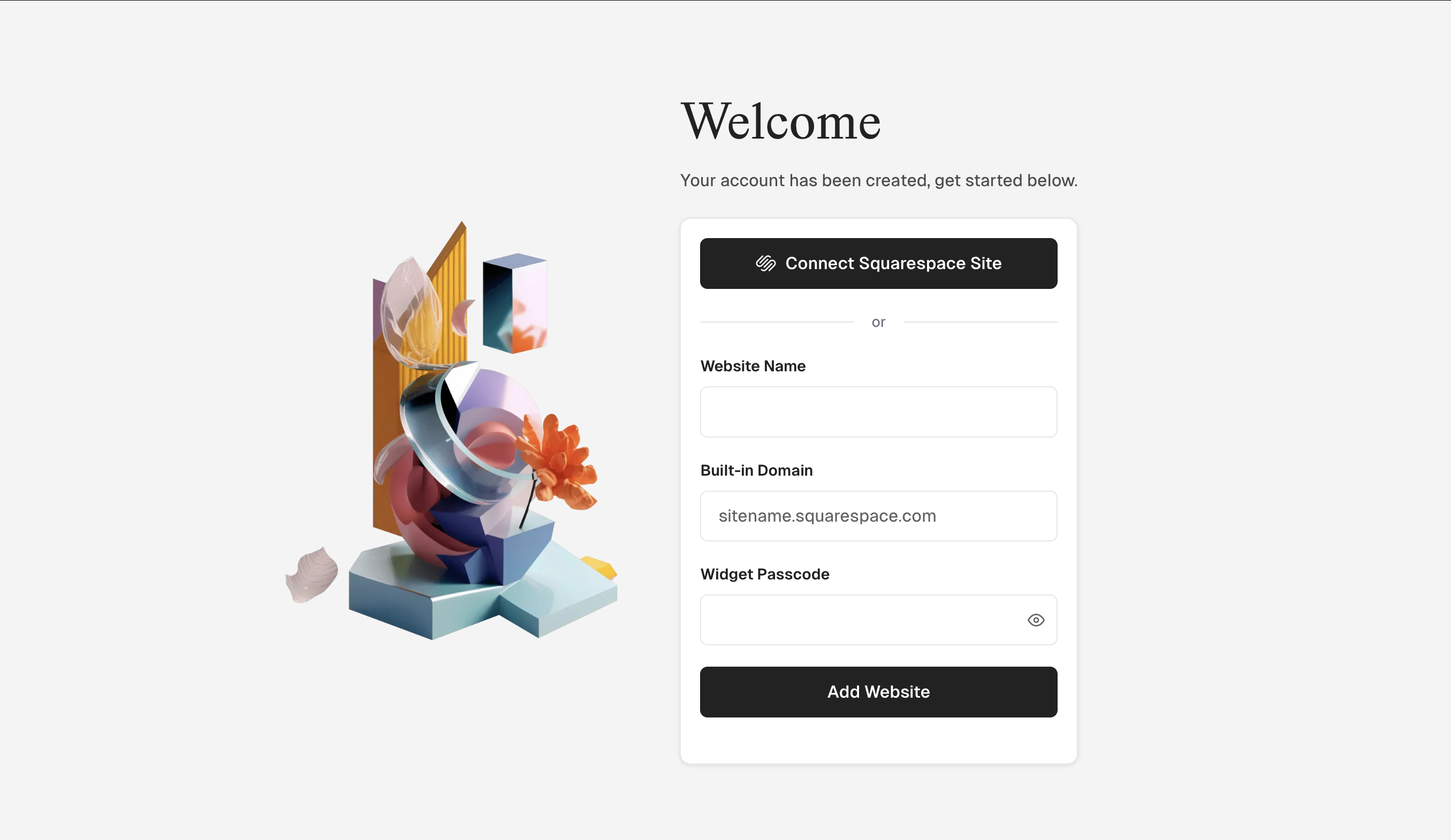 Bridge welcome page showing the form to connect a Squarespace site or manually add website details