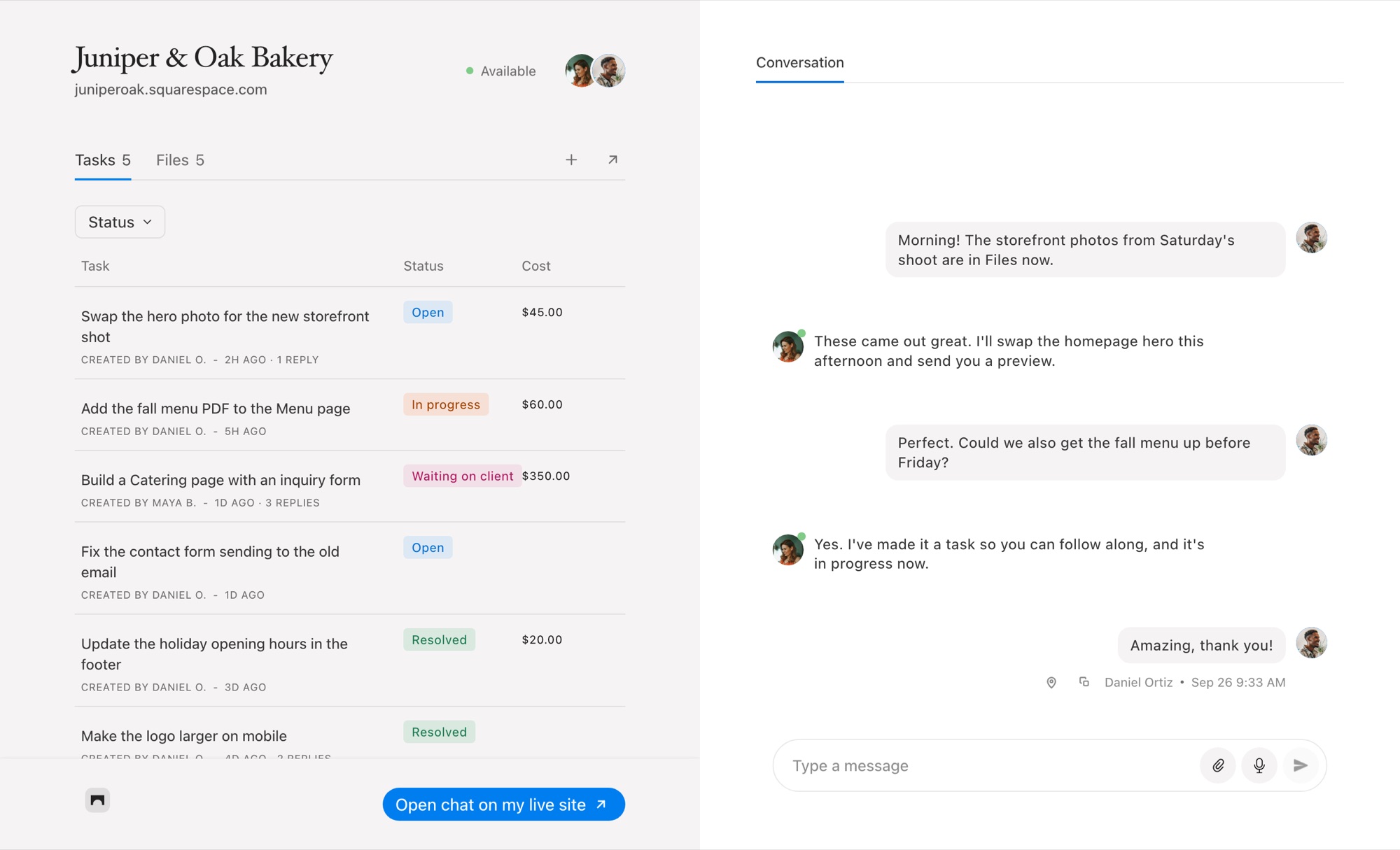 A client portal for a web design project showing tasks and a chat conversation