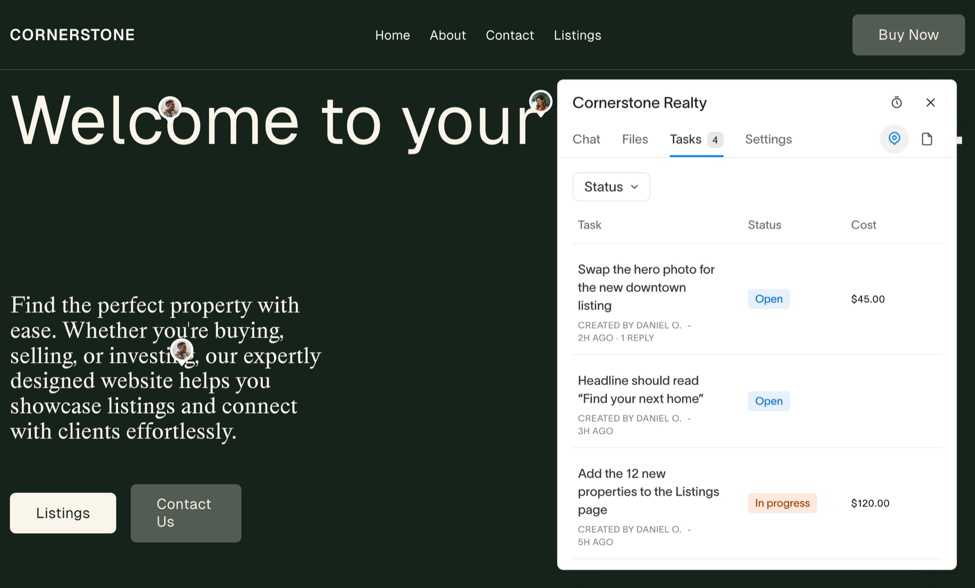 The Bridge widget in the Squarespace editor, with client feedback pinned to the page and listed as tasks